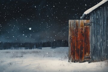 A snow-covered wooden barn stands in a winter field under a moonlit, snowy night sky.