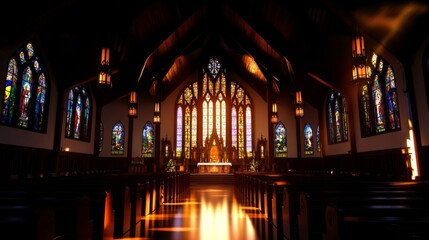 Fototapeta premium Sunlit Church Interior with Stained Glass Windows
