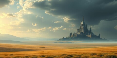 Fototapeta premium Epic fantasy landscape with a vast, open plain in the background and a majestic castle at the horizon, scenery, medieval, sword