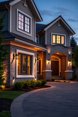 Obraz premium Luxury Home Exterior at Night: Modern Architecture, Brick and Stone Facade, Elegant Design