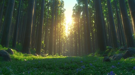 Obraz premium Sunlit Forest Path with Purple Flowers and Rocks