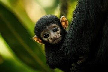 Fototapeta premium Adorable baby monkey clinging to its mother in lush green foliage.