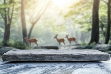 Obraz premium Wooden platform on marble with blurred background of deers in a misty forest.