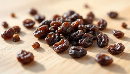 Obraz premium A Pile of Dark Brown Sweet Raisins on Wood