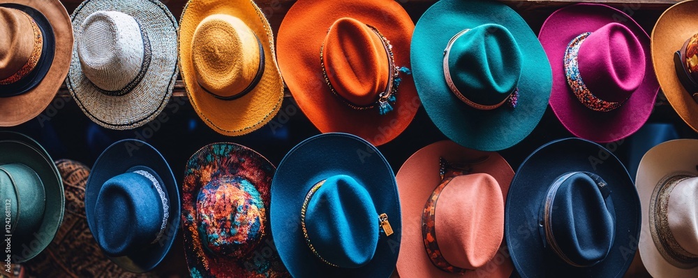 Aufkleber Assorted styles and colors of hats hanging on a wall, creating a vibrant display