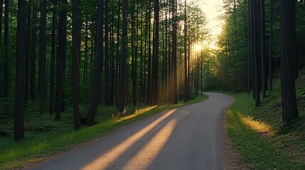 Fototapeta premium Sunlit Forest Road Winding Through Trees at Sunset