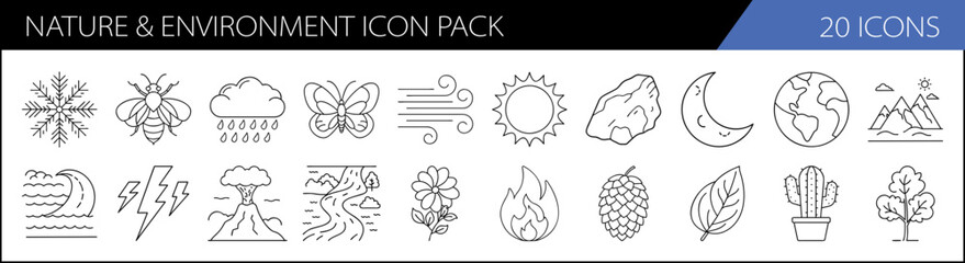 Nature and Environment Icon Pack Design - A set of 20 nature and environment-themed icons, including weather, wildlife, and landscape illustrations, perfect for eco-friendly projects.

