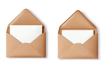 Two open kraft envelopes with blank cards, white background, stationery mockup