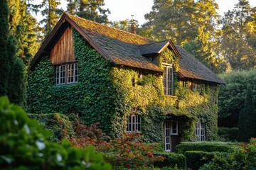 Ivy-covered house bathed in sunlight, nestled amongst lush greenery and tall trees.
