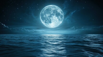 Closeup of the Moon Illuminating the Serene Surface of a Calm Water World at Night with Stars and Clouds in the Background