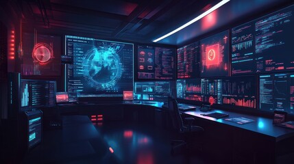 Futuristic control room with multiple monitors displaying data and network visualizations.