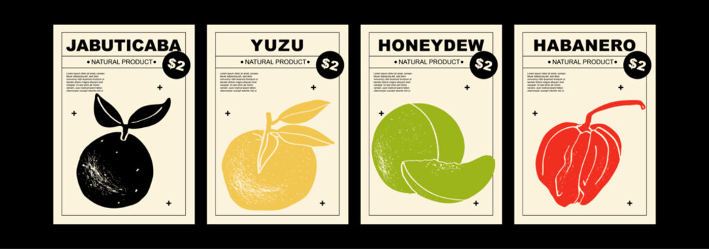 Jabuticaba, yuzu, honeydew, habanero. Set of posters of fruits and citrus in a abstract draw design. Simple, flat design. Patterns and backgrounds. Perfect for poster, cover, banner.