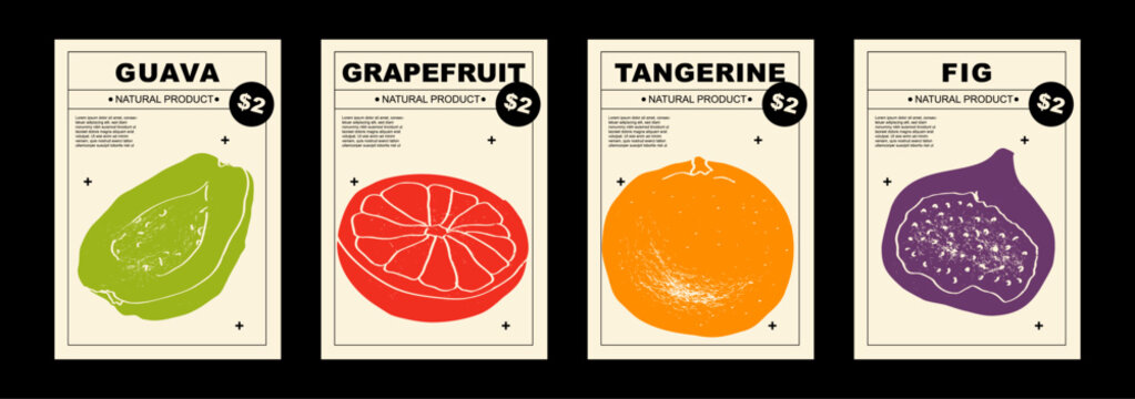 Guava, grapefruit, tangerine, fig. Set of posters of fruits and citrus in a abstract draw design. Simple, flat design. Patterns and backgrounds. Perfect for poster, cover, banner.