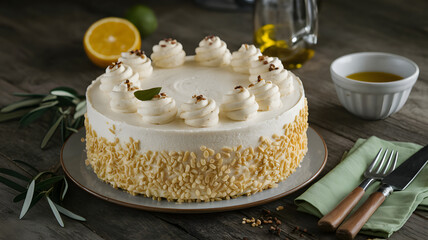 White chocolate cream and olive oil cake