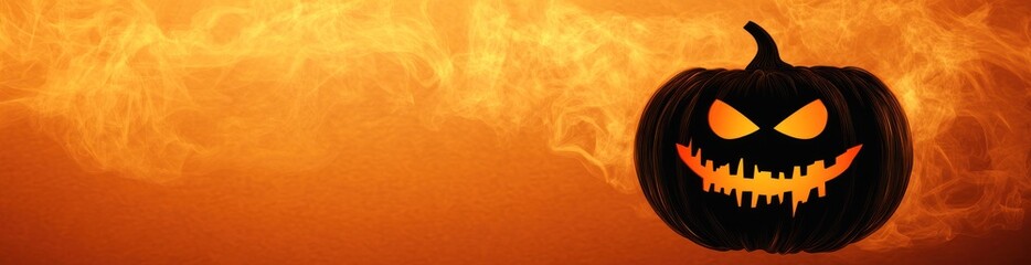 Fototapeta premium Spooky Halloween jack-o'-lantern against fiery orange background.