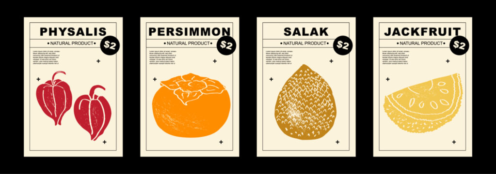 Physalis, persimmon, salak, jackfruit. Set of posters of fruits and citrus in a abstract draw design. Simple, flat design. Patterns and backgrounds. Perfect for poster, cover, banner.