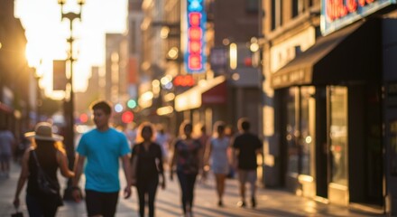 Busy urban street scene at sunset with blurred background and people walking in city