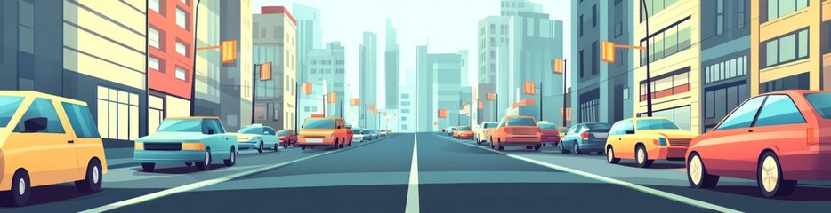 Fototapeta premium City street scene with cars and buildings.