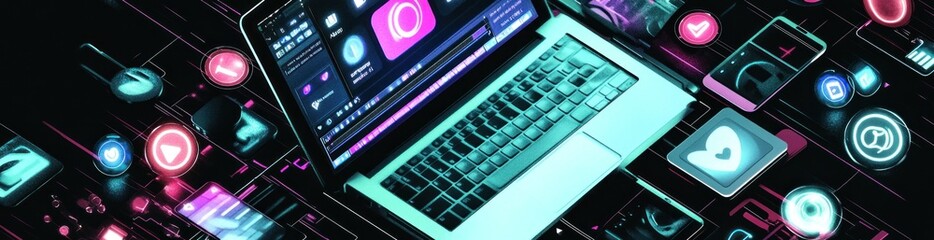 Laptop with glowing social media icons.