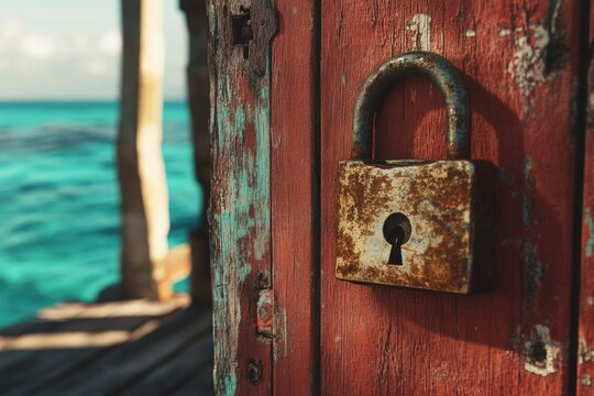 Rusty padlock secures weathered wooden door near turquoise ocean.