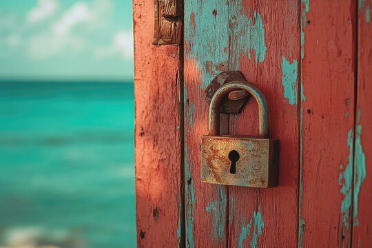 Rusty padlock secures weathered red wooden door against a tranquil ocean backdrop.