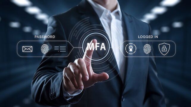businessman pressing the virtual button MFA, multi-factor authentication. cloud computing concept, cloud technology, Saas, Paas, Iaas. AWS Services, ips, SSL, mfa, 2fa