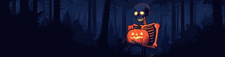 Skeleton holding a jack-o'-lantern in a dark forest at night.