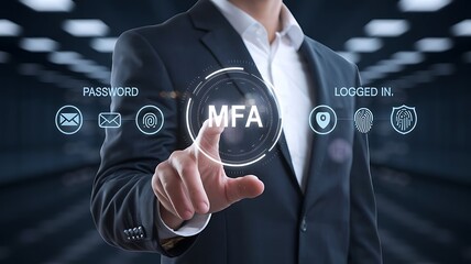 businessman pressing the virtual button MFA, multi-factor authentication. cloud computing concept, cloud technology, Saas, Paas, Iaas. AWS Services, ips, SSL, mfa, 2fa