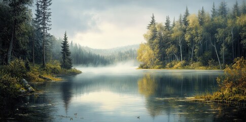 A peaceful lake surrounded by dense forest, home to serene wildlife and tranquil reflections in nature's embrace.