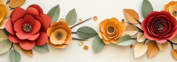 Autumnal paper flowers arrangement with leaves on white background.