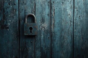 Rusty padlock on weathered teal wood, symbolizing security, mystery, and age.