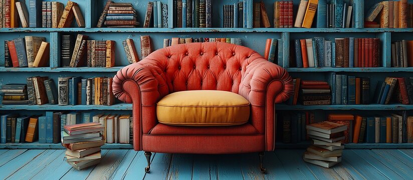 Cozy vintage armchair with yellow cushion in a blue library filled with colorful books and decor