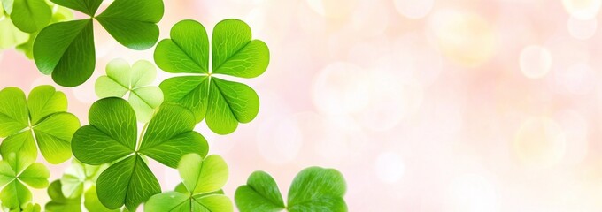 Lush green clover leaves against a soft, blurred pink and gold background.