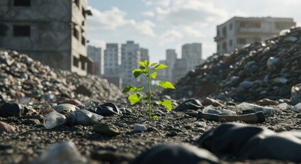 Obraz premium Resilience of nature: young plant thriving amidst urban rubble and waste