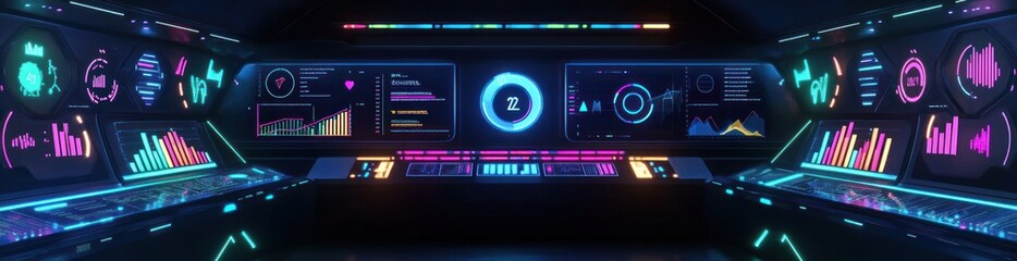 Obraz premium Futuristic control panel with vibrant neon displays showing graphs, charts, and data.