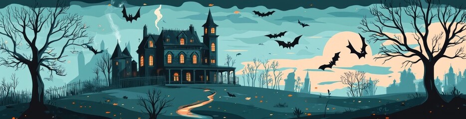 Spooky Halloween haunted house illustration with bats flying at night.