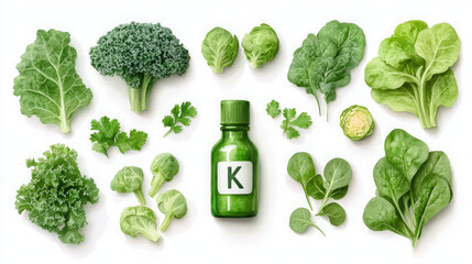 Fresh green vegetables and green bottle labeled K symbolize health and nutrition. This vibrant arrangement showcases kale, spinach, broccoli, and more, emphasizing importance of greens balanced