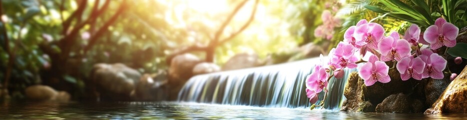 Serene waterfall cascading in lush greenery, adorned with vibrant pink orchids bathed in sunlight.