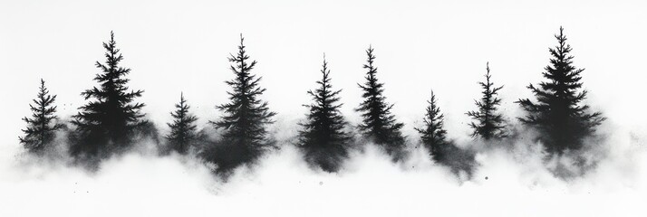 Silhouetted Pine Trees Emerging From Mist