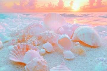 Seashells on sandy beach at sunset, soft pastel colors, tranquil ocean scene.