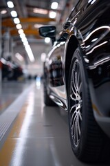 Automobile manufacturing. Production line. Cars on assembly line. Highlighting tires, light details and glossy paint job.	

