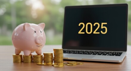 Piggy bank and laptop displaying 2025 with stacked coins on wooden table
