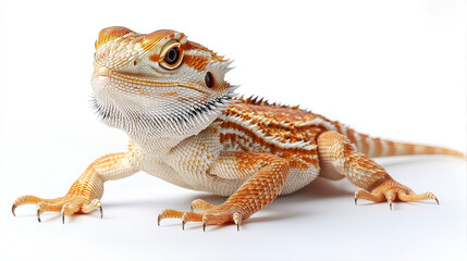 Naklejka premium Close-up of a vibrant orange bearded dragon lizard on a white background, showcasing its detailed scales and texture.
