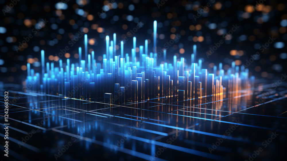 Aufkleber A minimalist 2D AI data analysis concept featuring glowing graphs and skyscrapers on a blue background.

