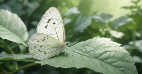 Exquisite white butterfly resting on a gentle pastel green leaf with intricate details, green, butterfly, gentle