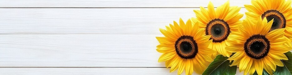 Fototapeta premium Vibrant yellow sunflowers arranged on a white wooden background.