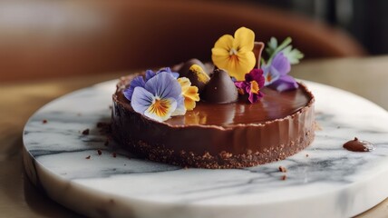 Indulge in a decadent chocolate and caramel tart, beautifully adorned with vibrant edible flowers.