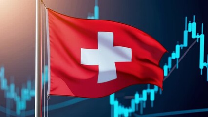 Swiss Flag Waves Above Financial Data Background, Symbolizing Stability and Prosperity in the Heart of Europe's Economic Landscape - Powered by Adobe