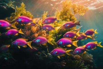 Naklejka premium Vibrant pink and purple fish swim in a coral reef, bathed in sunlight.