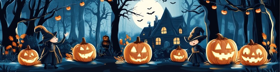 Witches, pumpkins, and a haunted house in a spooky forest at night.